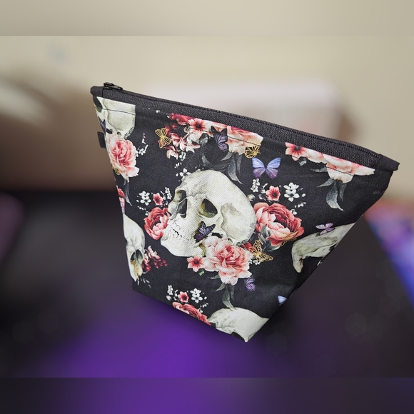 Handmade Handbags - Floral Skull Cosmetic Bag - Black and Pink HANDMADE from RIKANDA'S CREATION'S